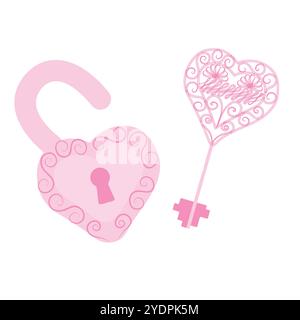Pink key and lock in the shape of hearts. Concept of strong love. Illustration for Valentines day, wedding. Vector illustration isolated on white back Stock Vector