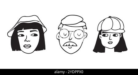 Three line cartoon people with hats. Black white hand drawn people heads faces with goatee, mustache. Vector set of illustrations on white background Stock Vector