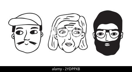 Black white hand drawn cartoon outline people heads faces. Two men with mustaches and one old woman with wrinkles and glasses. Vector line Stock Vector