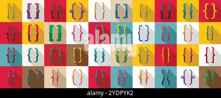 Bracket parenthesis icons set. Set of colorful curly brackets icons in a grid layout, symbolizing programming, coding, and software development Stock Vector