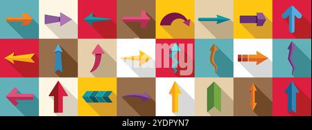Straight long arrow icons set. Set of various colorful arrows pointing in different directions, representing concepts such as progress, direction, and movement Stock Vector