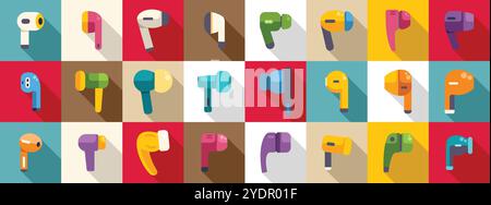 Wireless earphones icons set. Colorful wireless earbuds icons representing various models and designs, showcasing modern audio technology for personal music listening Stock Vector