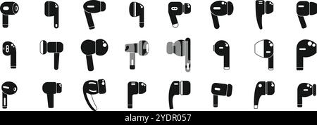 Wireless earphones icons set. Collection of diverse wireless earbud icons, showcasing various designs and styles for personal audio enjoyment Stock Vector