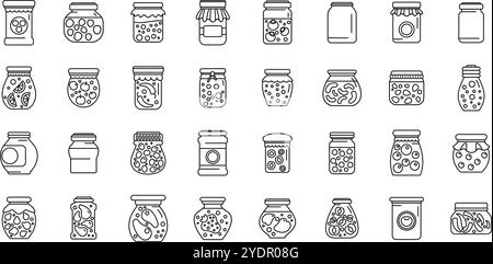 Pickled food jars icons set. Collection of jars containing preserved food, showcasing diverse shapes, contents, and lid styles, suitable for projects related to food preservation, canning, or homemade goods Stock Vector
