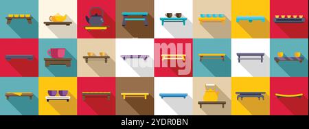 Tea ceremony table icons set. Tea ceremony accessories and trays icons showing traditional ritual objects and furniture Stock Vector