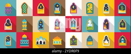 Arch window mosque muslim building icons set. Colorful collection of arabian architecture showcasing mosques, arched windows, and desert landscapes under the moonlit sky Stock Vector