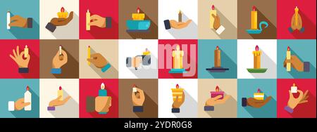 Hand holding candle icons set. Collection of hands interacting with lit and extinguished candles, representing different uses and rituals Stock Vector