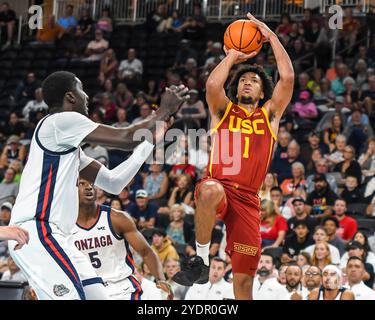 Menifee, California, USA. 26th Oct, 2024. University of Southern California forward Desmond Claude (1) elevates for the jump shot during the game. (Credit Image: © Ardie Crenshaw/ZUMA Press Wire) EDITORIAL USAGE ONLY! Not for Commercial USAGE! Stock Photo