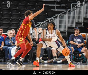 Menifee, California, USA. 26th Oct, 2024. Gonzaga forward Michael Ajayi (1) handles the basketball during the game. (Credit Image: © Ardie Crenshaw/ZUMA Press Wire) EDITORIAL USAGE ONLY! Not for Commercial USAGE! Stock Photo