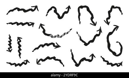 Arrows drawn with brushes on white background for infographic design. Straight curved circular multidirectional. Graphic element used in different projects. Vector illustration. Stock Vector