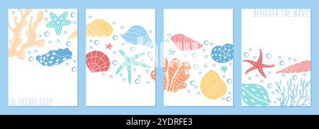 Seashells and Corals Under Ocean Waves Postcard Stock Vector