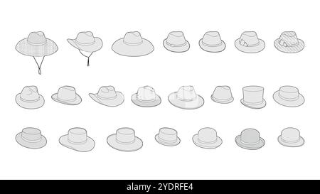 Set of Hipster Vintage Hats - Crafted Straw Fedora Boater, Panama Homburg Derby, Safari Gambler Lifeguard, Porkpie Bowler, Trilby Top Hat with. Head Fashion accessory clothing technical illustration. Stock Vector