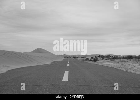 Desert scene in Wuhai, Inner Mongolia. China with the highway through desert. Tall dunes with copy space for text. Dramatic sky Stock Photo