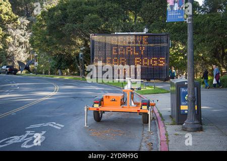 A sign on game day at the Center Street entrance announces U.C. Berkeley's clear bags only policy for Memorial Stadium, where the Cal Bears play. Stock Photo