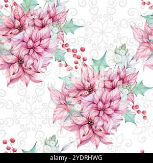 Christmas watercolor seamless pattern - Red poinsettia flowers bouquet, compositions. Openwork snowflake. Winter composition, decor. December nature Stock Vector