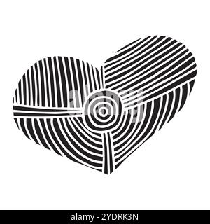 Doodle Love Icon. Hand-Drawn Black Solid Shape, Geometric Heart Icon with Carved Out Central Circle and Radiating Hatch Lines. Stock Vector