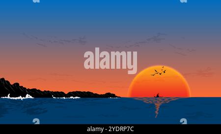 The sun dips below the horizon, casting a warm glow over the calm ocean. A small sailboat glides peacefully across the water, while seagulls soar over Stock Vector