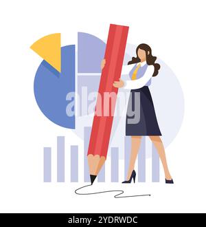 Businesswoman with big pen on growth charts background, business development concept, career, signing documents and resume. Flat cartoon vector Stock Vector