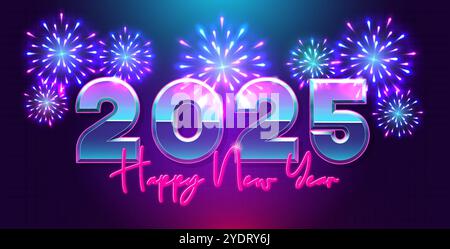 Happy New year 2025 retro 80s background. 3d blue purple text and explosion of fireworks. For seasonal holiday greeting web banners Stock Vector