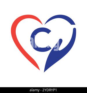Letter C Charity Logo Design Concept With Hand and Heart Symbol Vector Sign Stock Vector