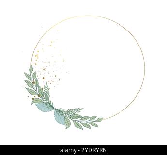 Elegant floral frame of leaves, round wreath of greenery and plants. Green bouquet and gold frame for wedding invitation. Eucalyptus and fern branches Stock Vector