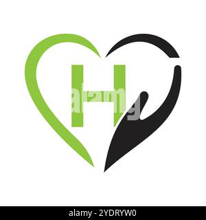Letter H Charity Logo Design Concept With Hand and Heart Symbol Vector Sign Stock Vector