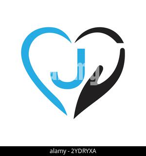 Letter J Charity Logo Design Concept With Hand and Heart Symbol Vector Sign Stock Vector