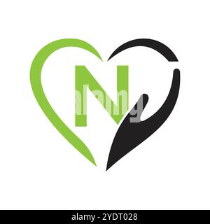 Letter N Charity Logo Design Concept With Hand and Heart Symbol Vector Sign Stock Vector