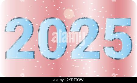 New year 2025 in sky blue color with snow bubbles and glossy pink background Stock Vector