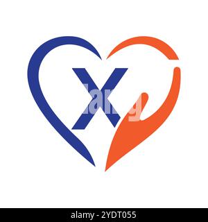 Letter X Charity Logo Design Concept With Hand and Heart Symbol Vector Sign Stock Vector
