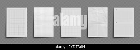 Notebook paper mockup with checkered pattern. Realistic 3d set of white empty caged sheet with wrinkles. Blank template of school stationery folded and crumpled leaflet border torn from notepad. Stock Vector