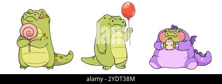 Funny crocodile characters set isolated on white background. Contemporary vector cartoon illustration of cute alligator mascots eating lollipop, playing with balloon, wearing purple dragon pajamas Stock Vector