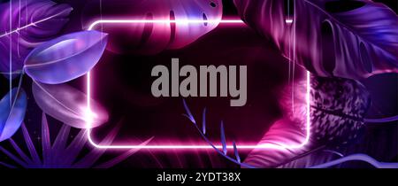 Tropic summer party banner template. Vector realistic illustration of neon light rectangle and exotic rainforest plants on black background, palm tree and monstera leaves, nightclub disco poster Stock Vector