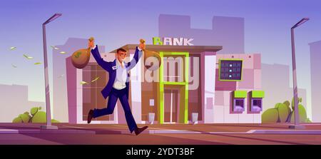 Man in business suit with name badge joyfully runs away from bank holding two large bags of money in each hand. Dollar bills fly around triumphantly smiling male character in city landscape. Stock Vector