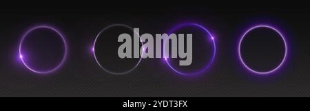 Solar eclipse circles showing moon covering sun on dark background. Glowing purple neon rings with bright luminous effects capture celestial phenomenon. Radiant circular shapes of astronomical event. Stock Vector