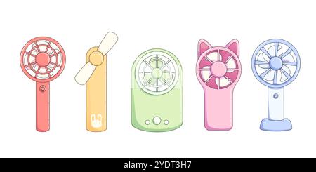 Portable and electric summer fan for office vector. Mini hand ventilator icon for table on battery. Handy climate equipment with propeller for airflow and ventilation. Cute childish compact device Stock Vector