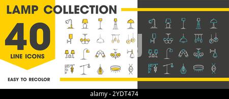 Light lamp line icons. Lantern and chandelier, candle and spotlight, halogen and flashlight. Isolated vector linear illumination appliances set featuring chic and stylish designs for illuminating Stock Vector