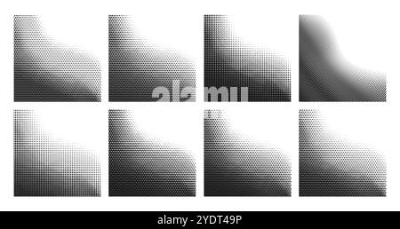 Halftone gradient pattern gradation backgrounds with half tone dots, abstract vector. Halftone pattern backgrounds with diagonal waves or wavy dots gradation from corners with grainy monochrome effect Stock Vector