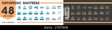 Bed and orthopedic memory mattress line icons of latex foam material, vector symbols. Orthopedic mattress icons of light weight, breathable antibacterial warranty, anatomic and waterproof pictograms Stock Vector