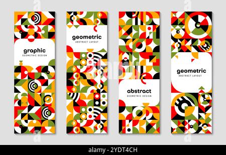 Modern abstract geometric banners with pattern of shapes and colors, vector backgrounds. Retro Swiss or modern Scandinavian graphic pattern with simple geometric shapes and color element for banners Stock Vector