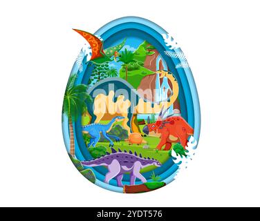 Paper cut prehistoric era landscape with dinosaurs reptiles characters amidst lush Jurassic vegetation. Vector egg-shaped 3d vector frame contains flying or ground-dwelling dino in ancient ecosystem Stock Vector