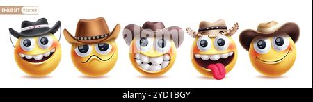 Emoji cowboy emoticon character vector set. Emojis emoticon wearing hat in happy, sad, funny, naughty and cute smile facial expressions icon Stock Vector