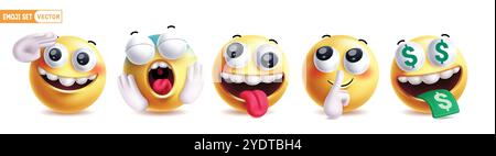 Emoji emoticon characters vector set. Emojis yellow emoticon character with salute, naughty, funny, quiet and rich facial expression icon collection Stock Vector
