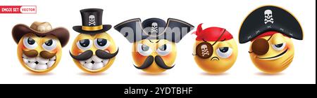 Emoji pirate character vector set. Emojis sailor 3d character collection like seafarer, seamen, corsair, captain and bandit people wearing hat Stock Vector