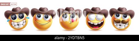 Emoji cowboy emoticon character vector set. Emojis emoticon characters in happy smiling, kiss, funny and cool reactions wearing hat elements yellow Stock Vector