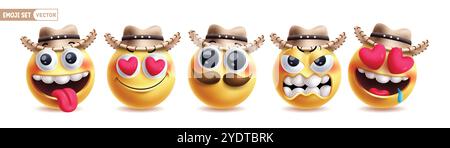 Emoji sheriff cowboy emoticon character vector set. Emojis emoticon yellow icon characters with naughty, in love, cool, angry and attract facial Stock Vector