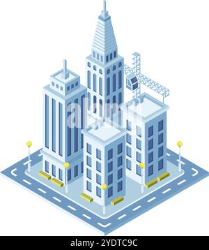 Isometric view of a developing cityscape featuring modern skyscrapers, ongoing construction, and a crane in operation, symbolizing urban growth and Stock Vector