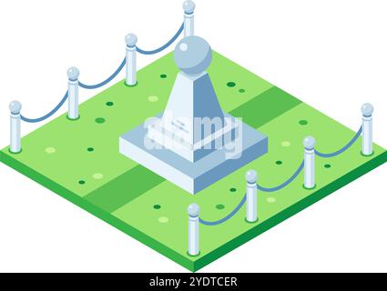 Monument with sphere on top standing in green park surrounded by rope fence, isometric view Stock Vector