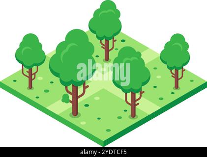 Lush green trees growing in a vibrant isometric park or garden, creating a peaceful and natural scene Stock Vector