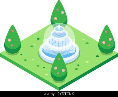 Relaxing isometric view of a tiered fountain cascading water, surrounded by manicured trees on a vibrant green lawn, creating a tranquil park scene Stock Vector